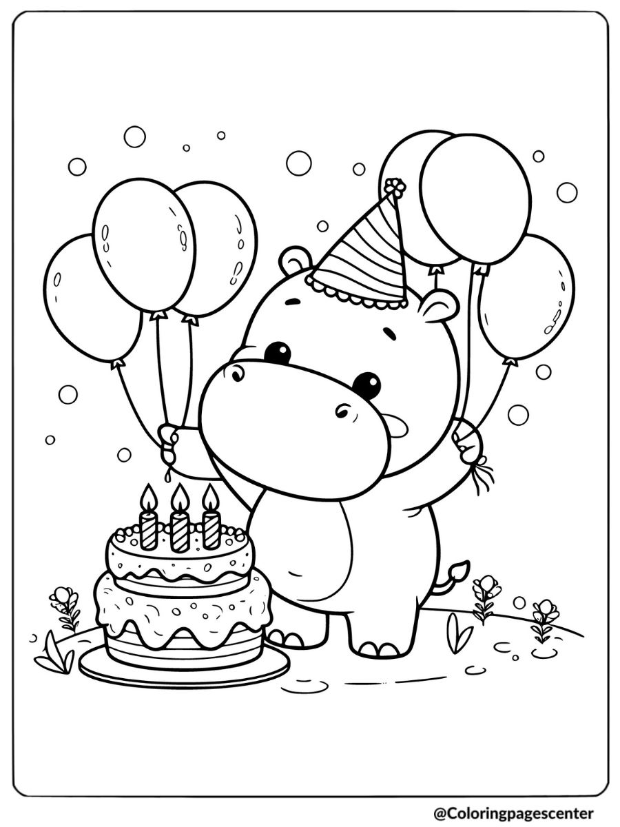 Cute hippo at birthday party with balloons and cake coloring page