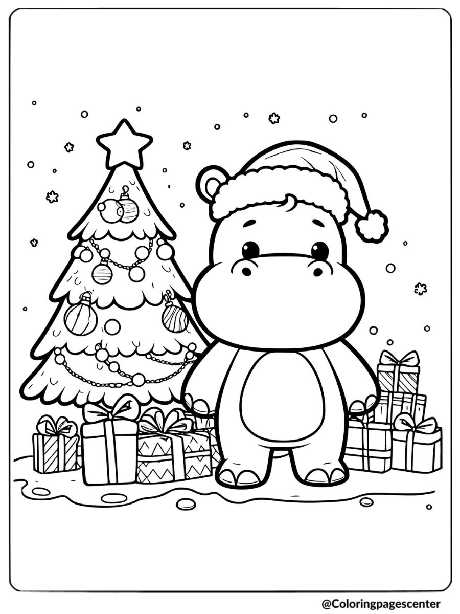 Cute hippo with Christmas tree and presents coloring page