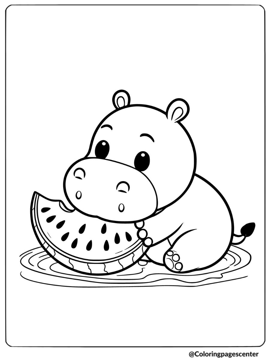 Cute hippo enjoying a big slice of watermelon coloring page