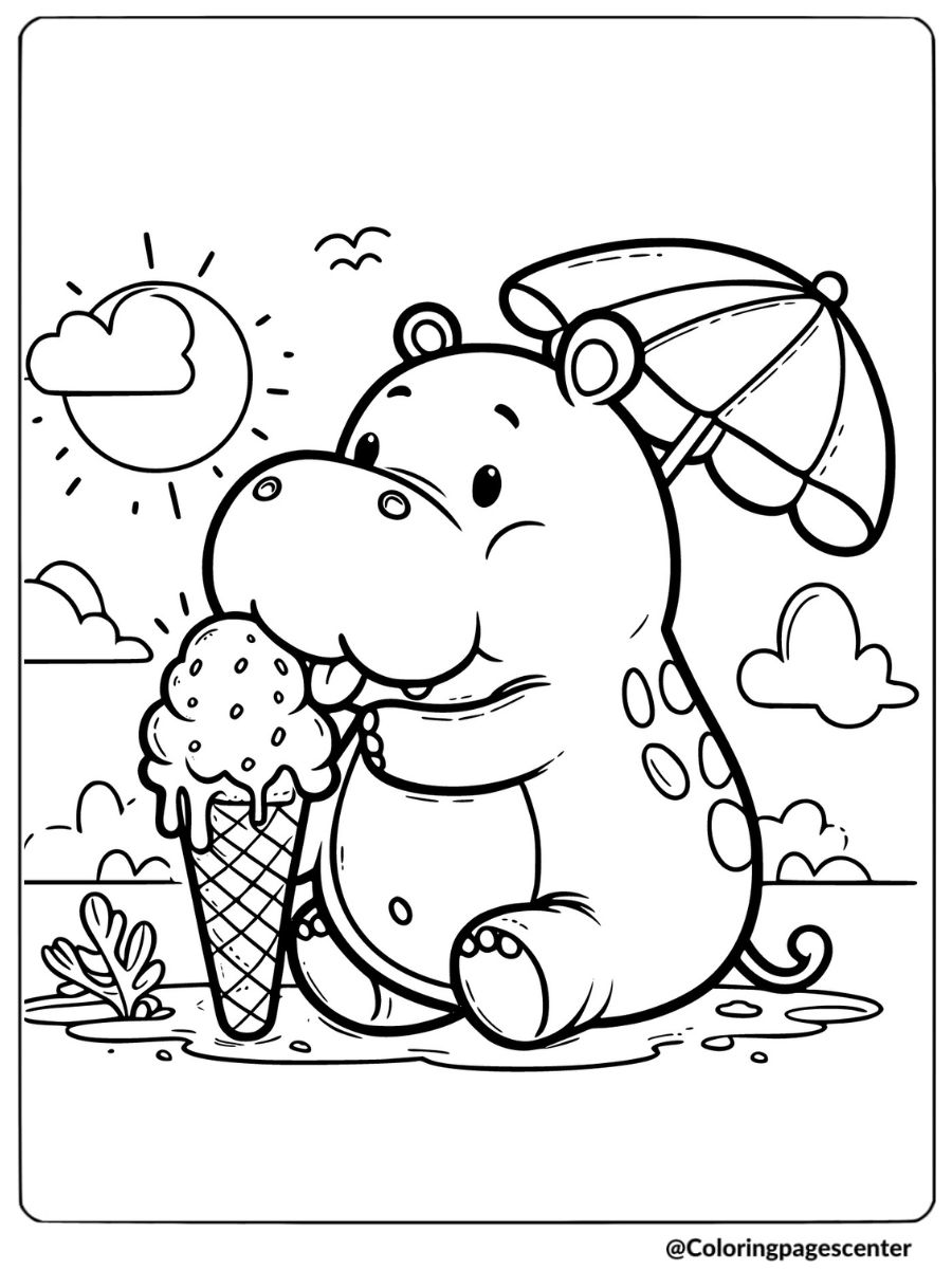 Cute hippo eating ice cream on a sunny day coloring page