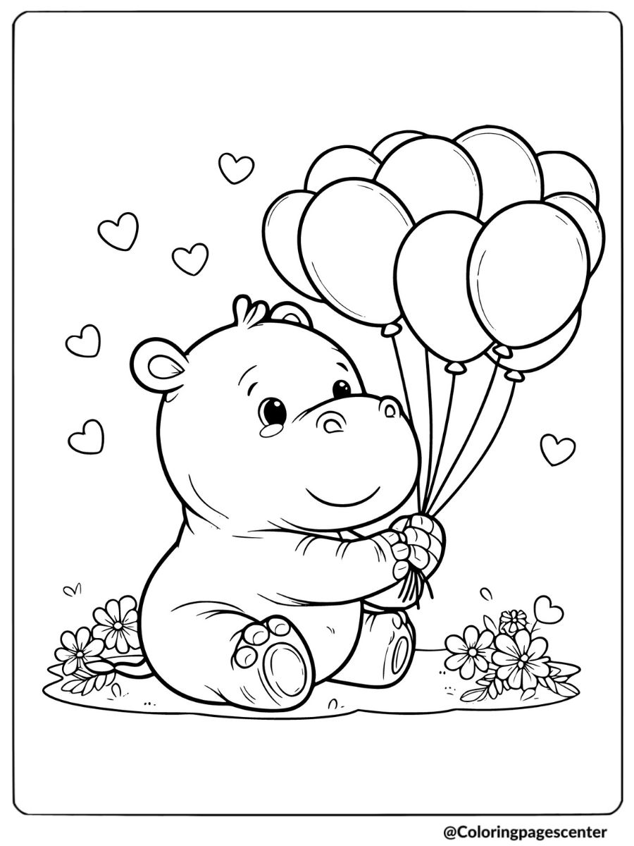 Baby hippo holding a bunch of balloons coloring page