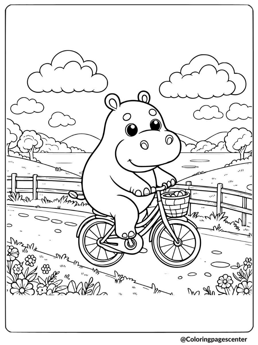 Cute hippo riding a bicycle in a scenic field coloring page