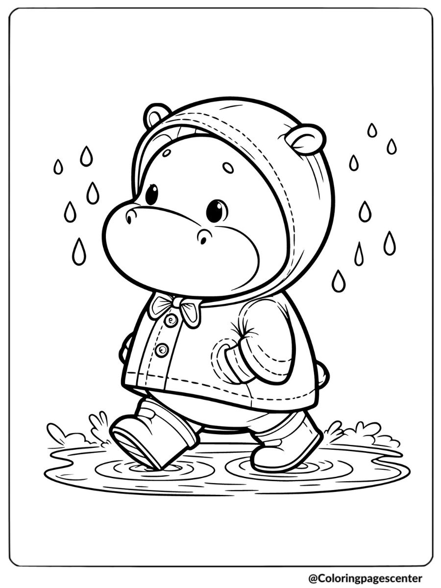 Cute hippo in raincoat walking in the rain coloring page