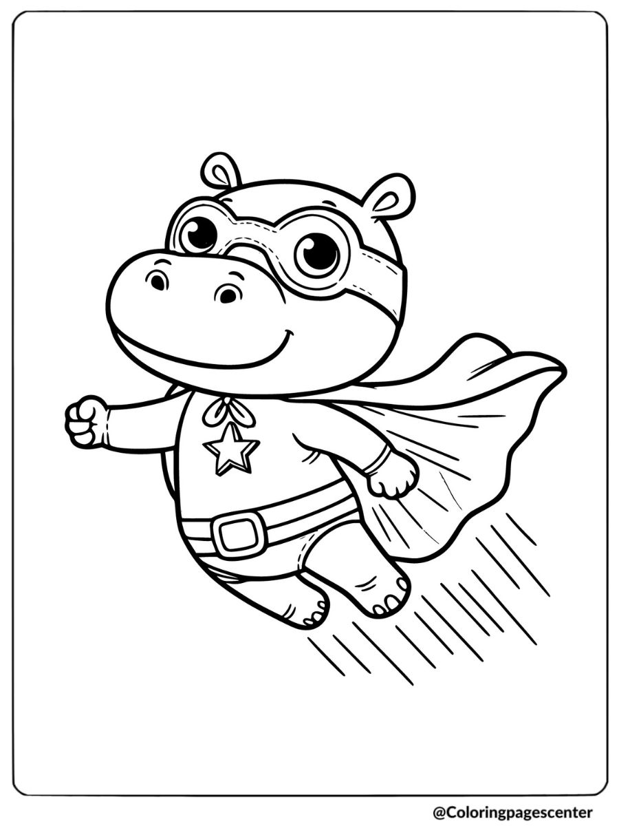 Baby hippo dressed as a superhero flying coloring page