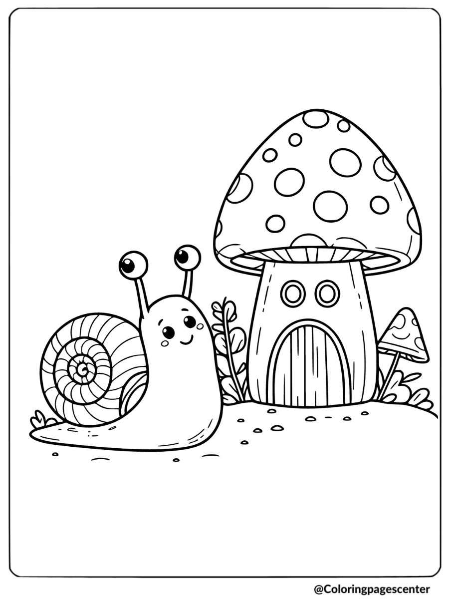 Cute snail near a mushroom house coloring page