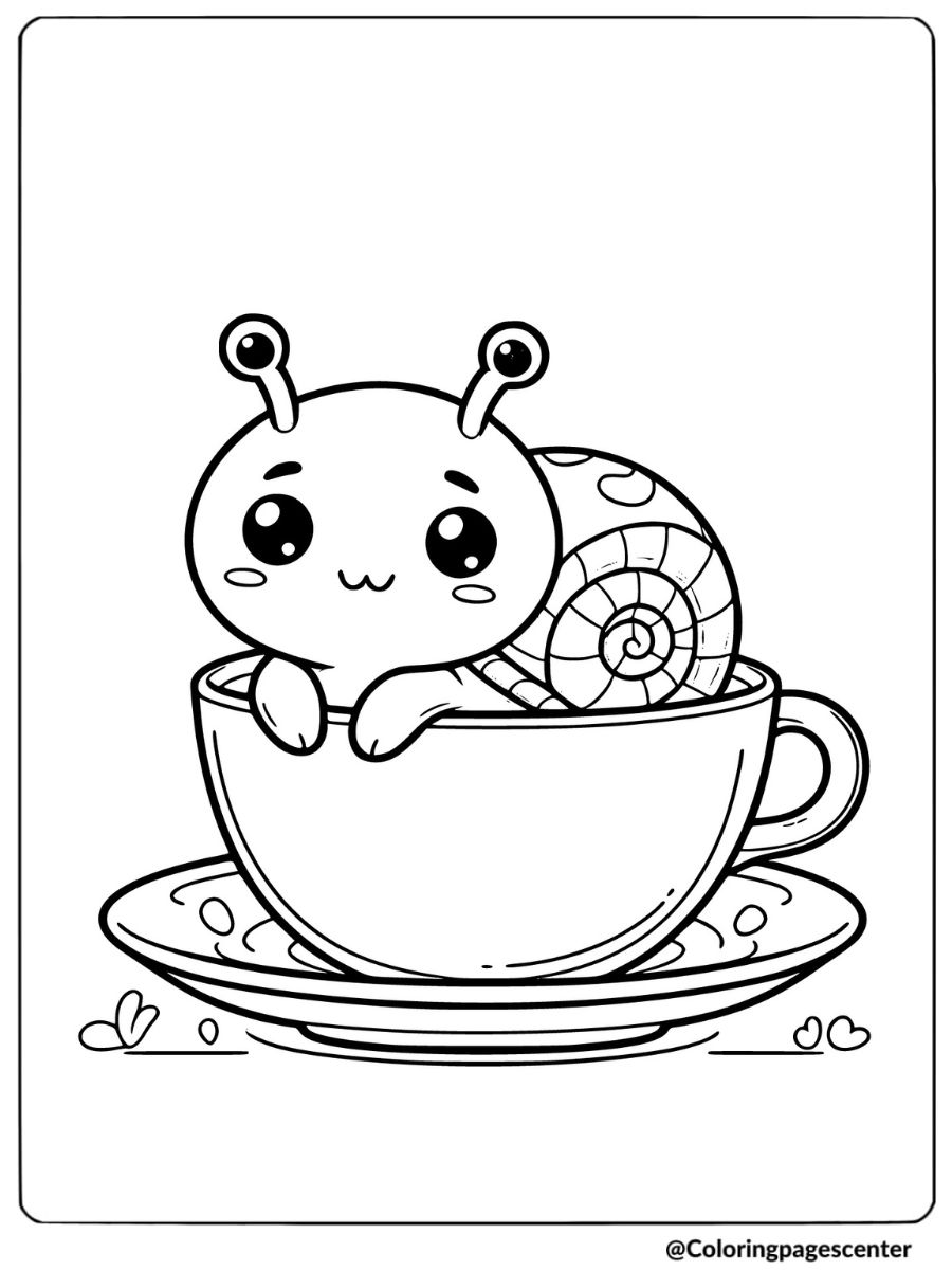 Cute snail sitting in a teacup coloring page