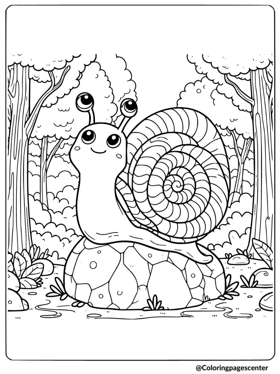 Cute snail on a rock in the forest coloring page