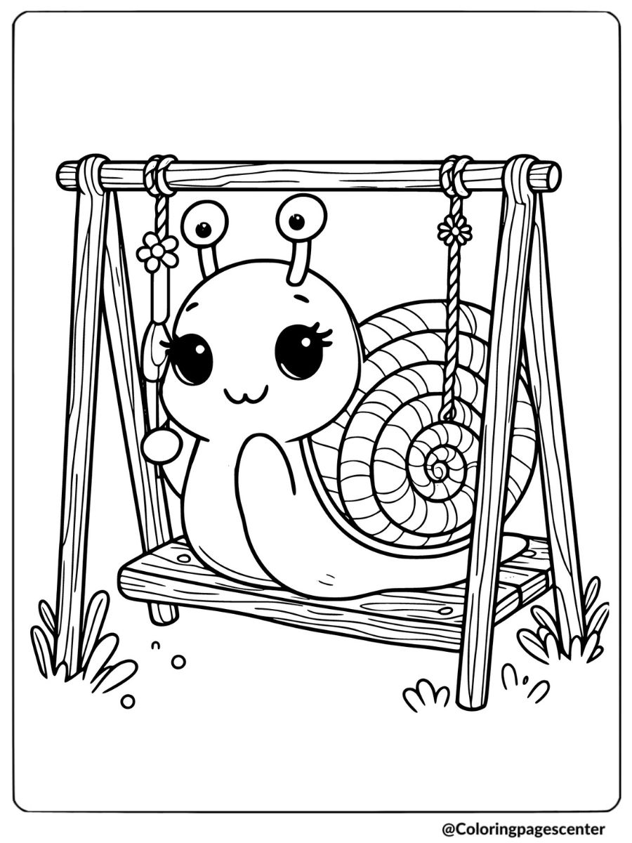 Cute snail swinging on a swing coloring page