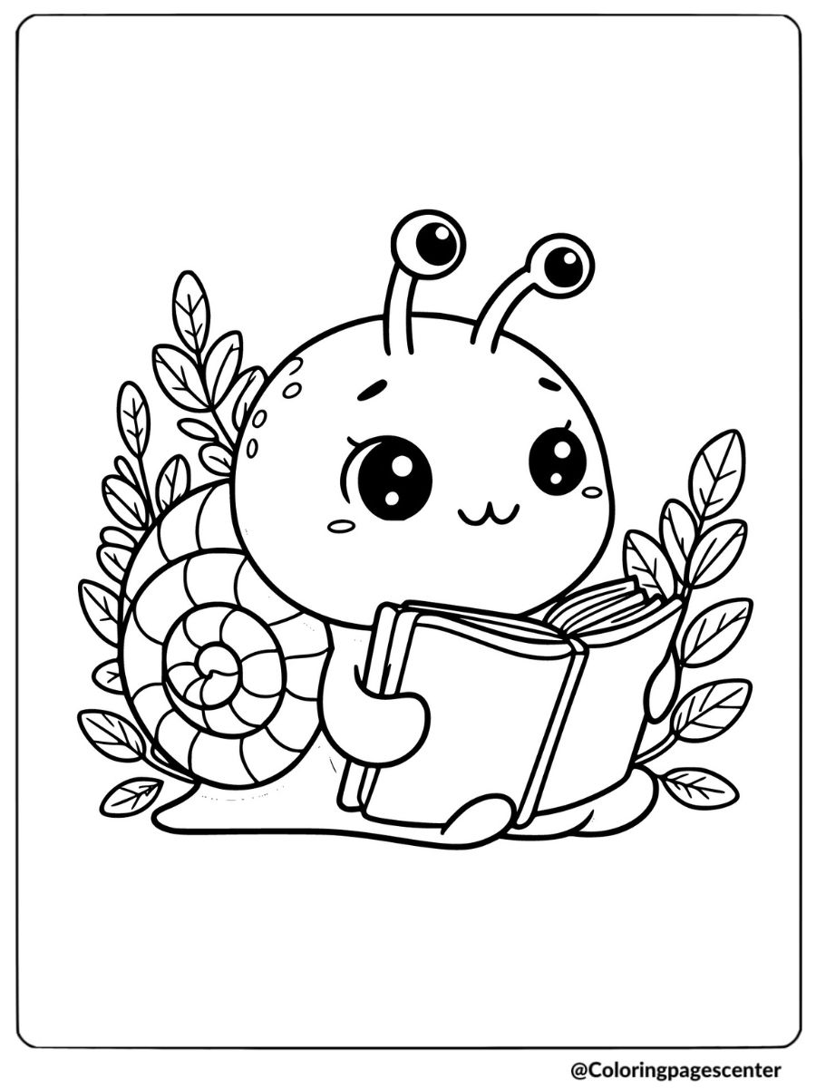 Sweet snail reading a book coloring page