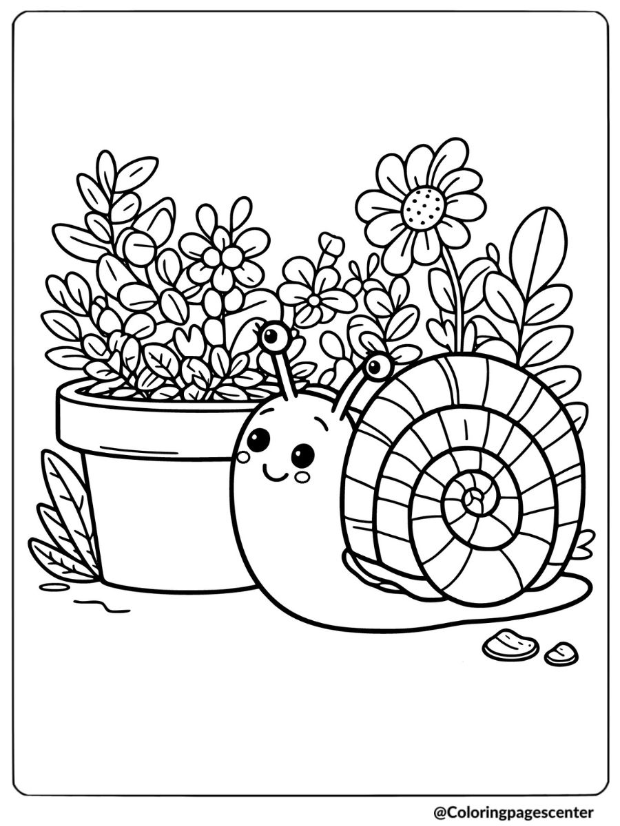 Cute snail near a flower pot coloring page