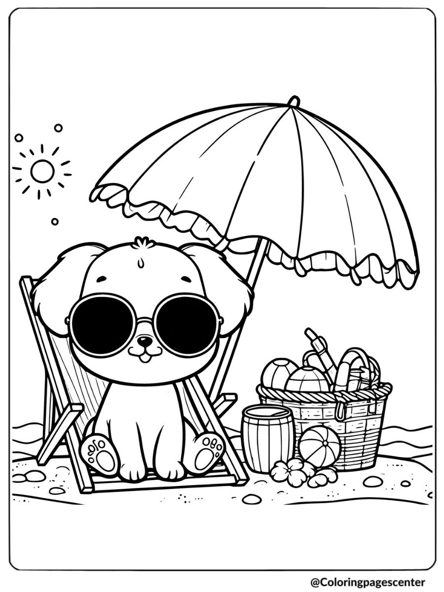 Cute dog on a beach chair with umbrella coloring page for kids