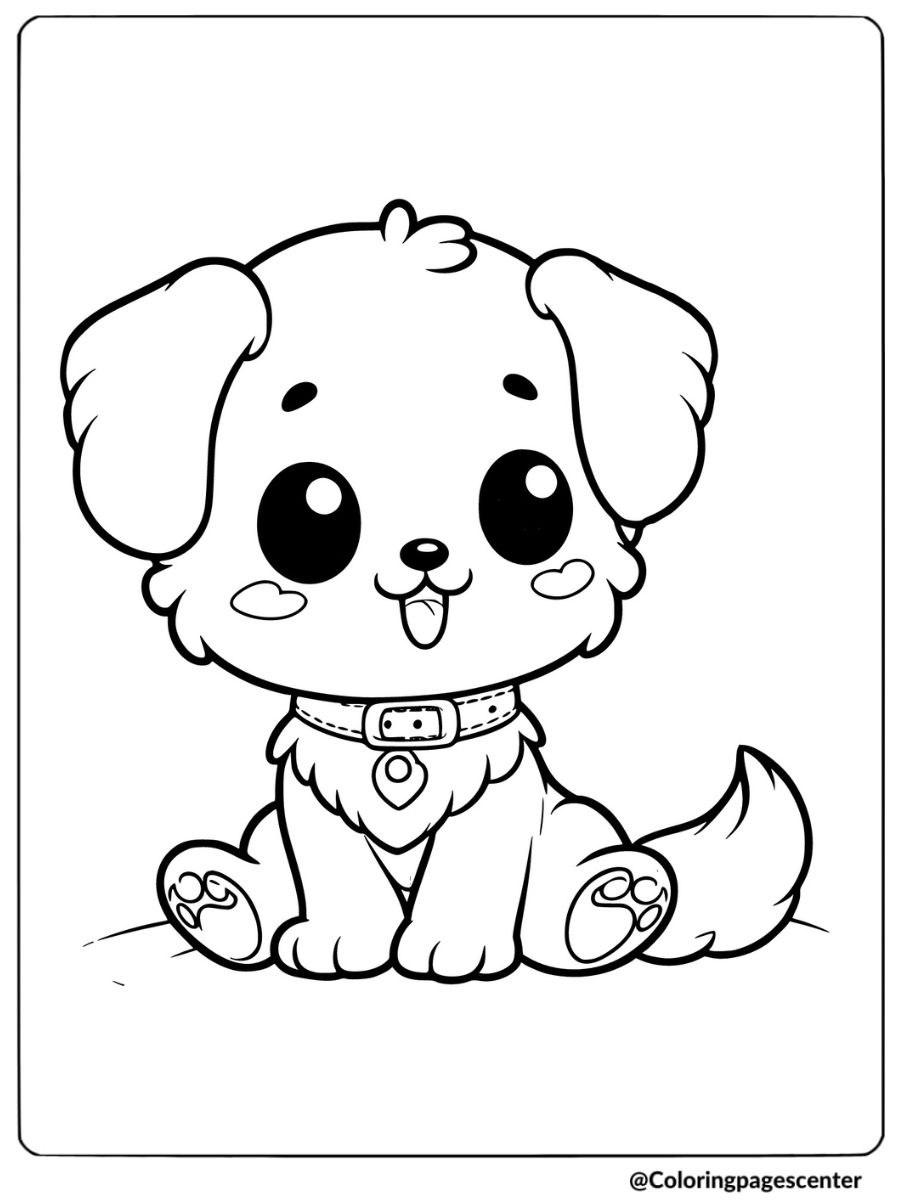 Adorable dog sitting with a collar coloring page for kids