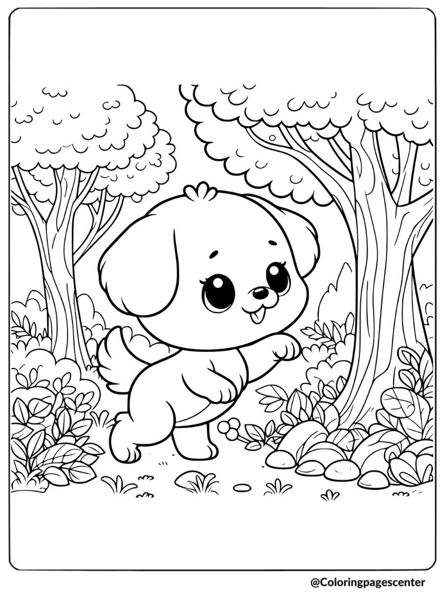 Dog exploring a forest coloring page for kids