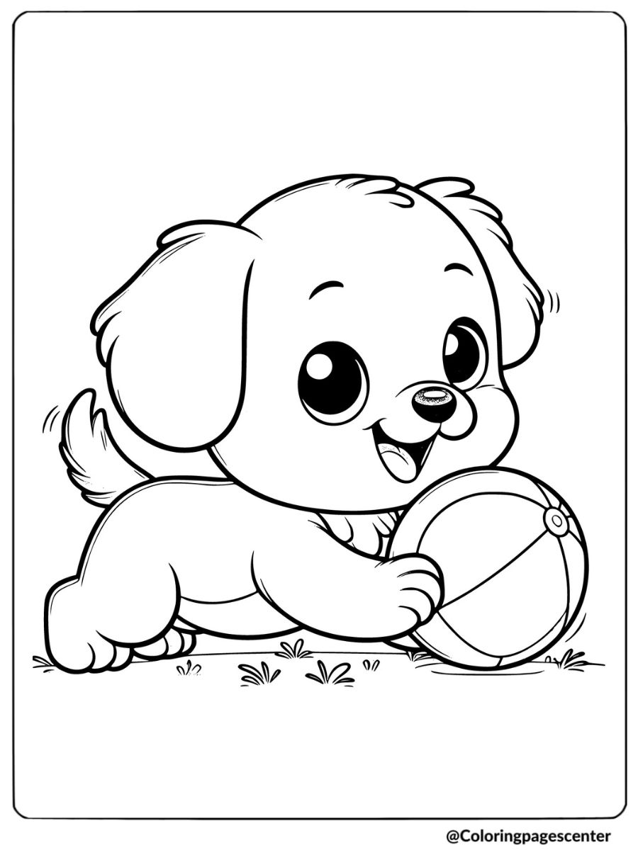 Dog playing with a ball coloring page for kids