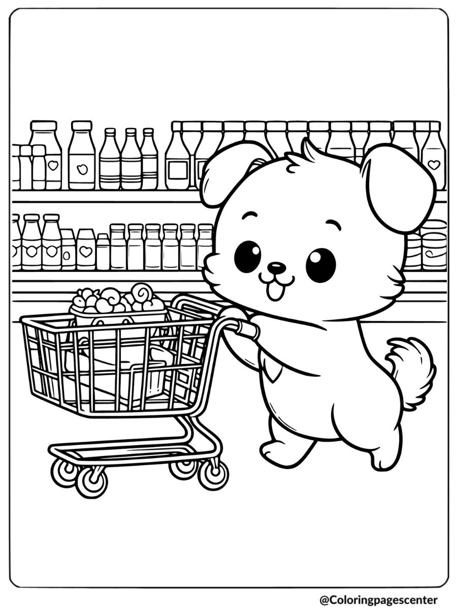 Playful dog with a cart at the store coloring page for kids