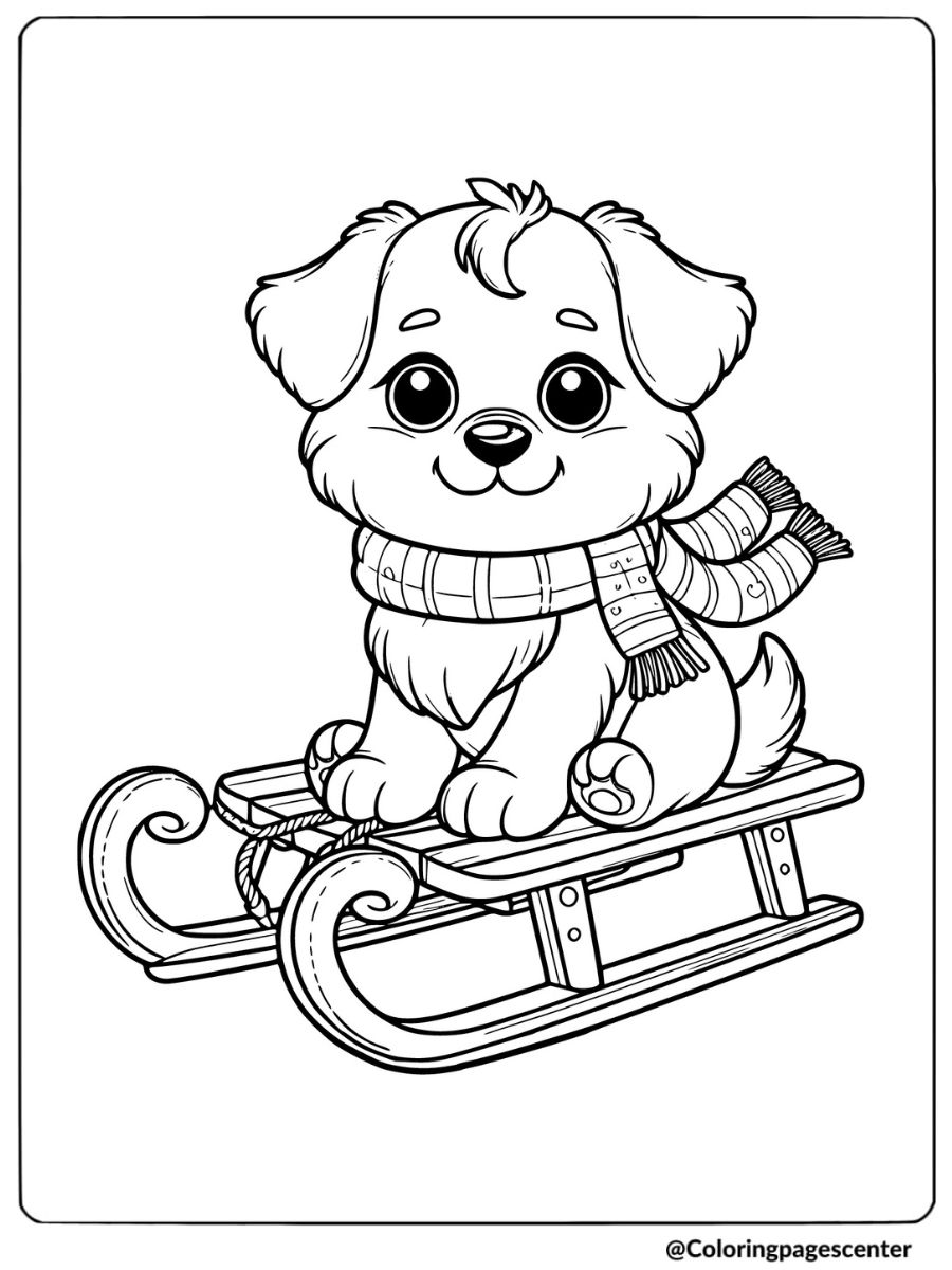 Dog sitting on a sled in winter coloring page for kids