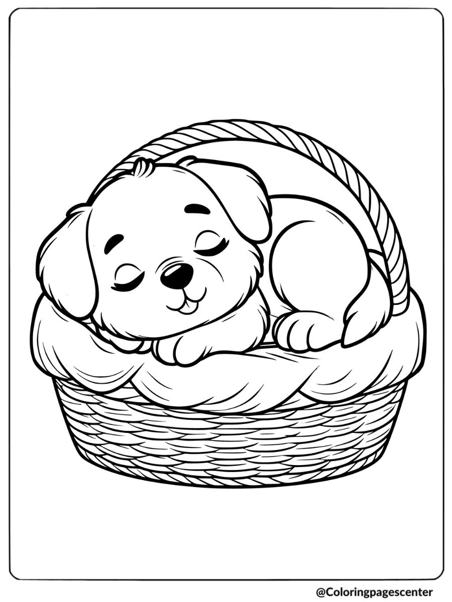 Peaceful dog napping in a basket coloring page for kids