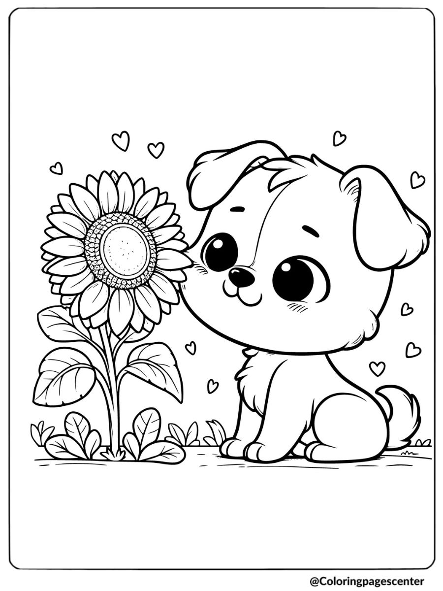 Happy dog smelling a sunflower coloring page for kids