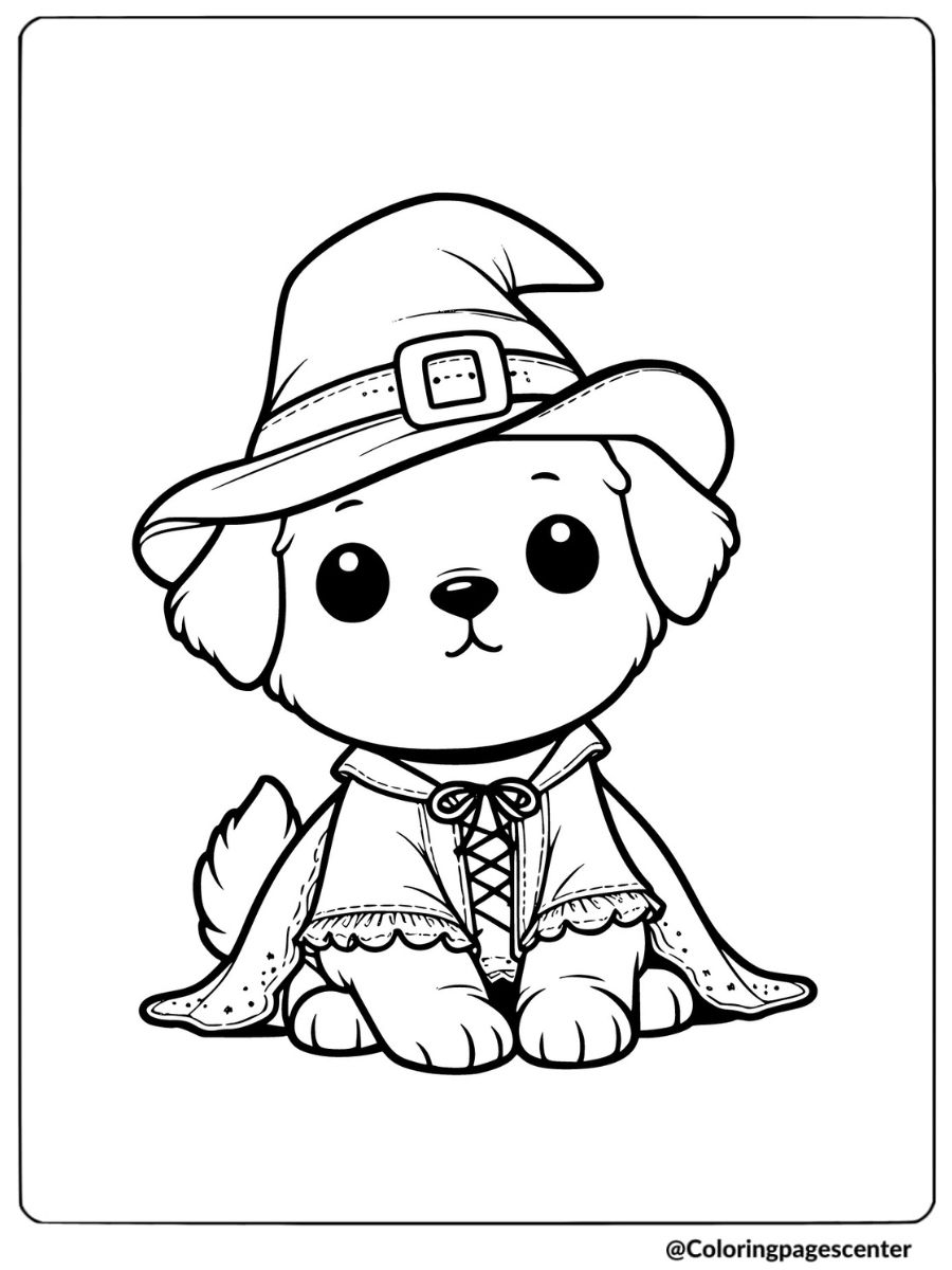 Dog dressed in a witch costume coloring page for kids