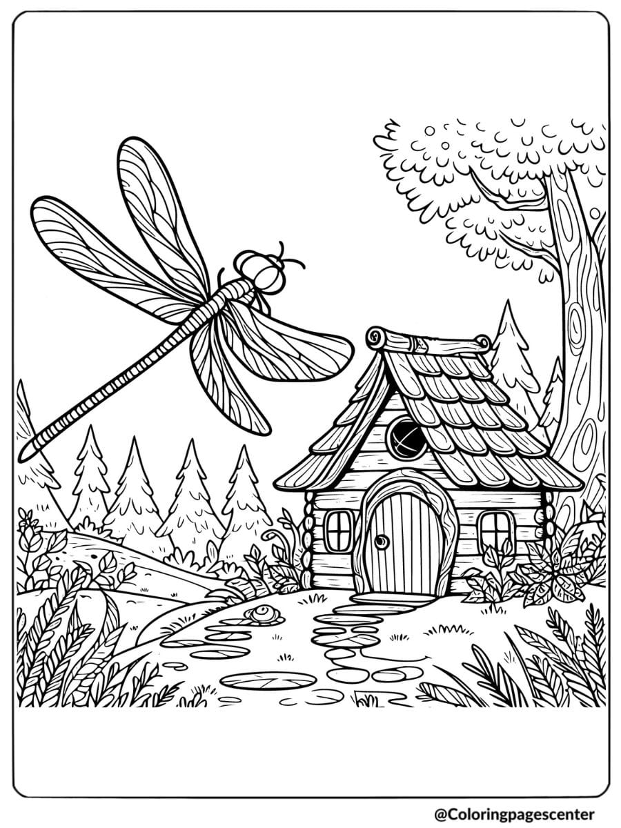 Coloring page of a dragonfly near a forest cottage