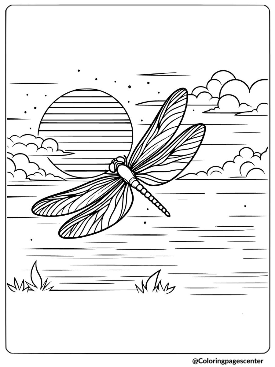 Coloring page showing a dragonfly flying by a sunset