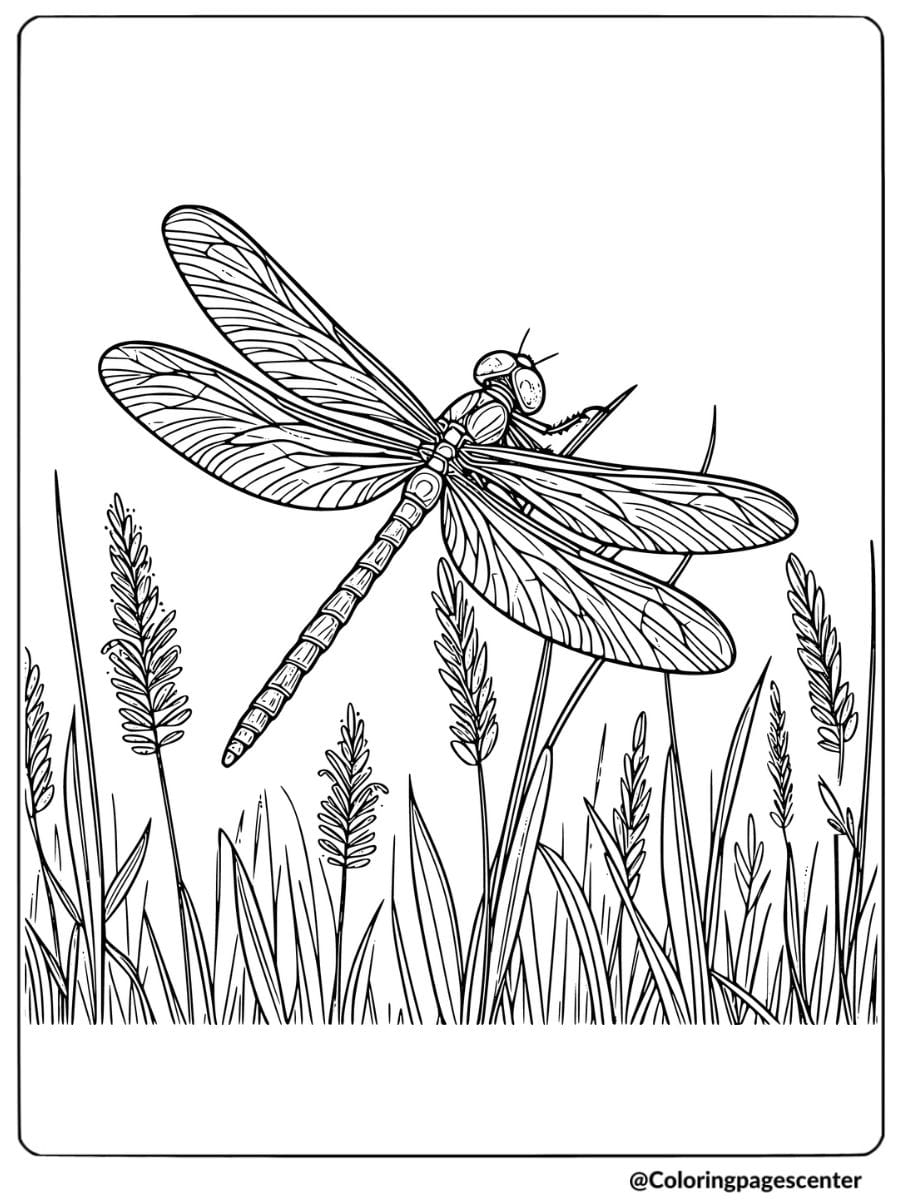 Coloring page of a dragonfly hovering in tall grass