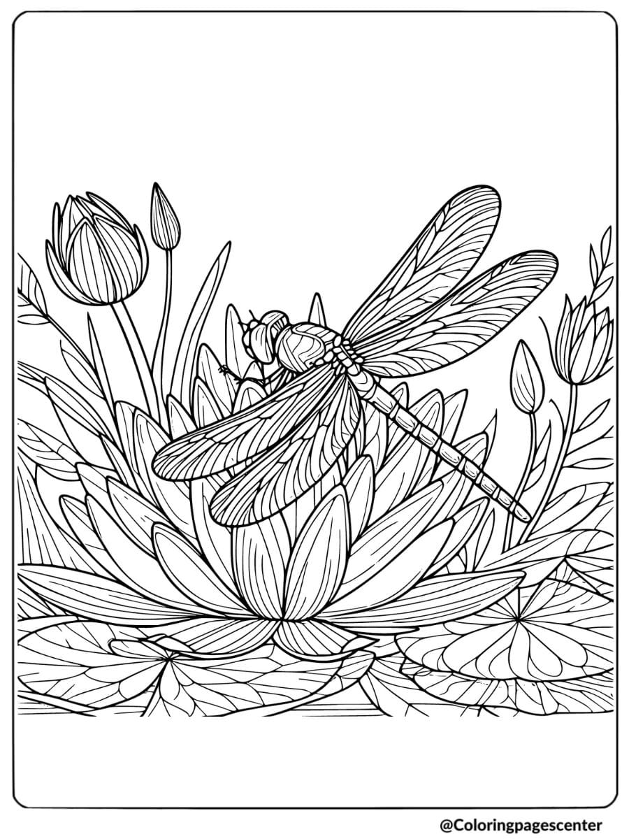 Coloring page featuring a dragonfly on a lotus flower