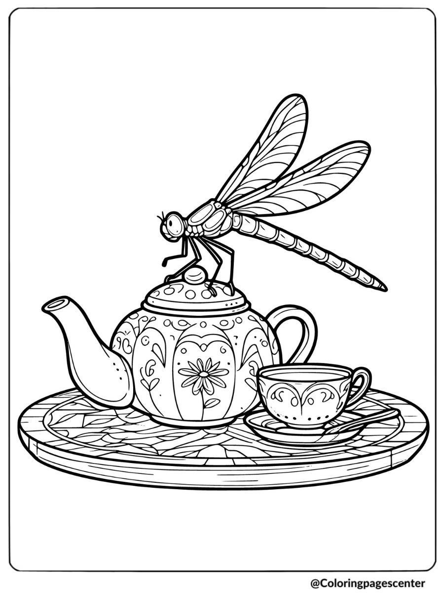 Coloring page of a dragonfly sitting on a decorative teapot