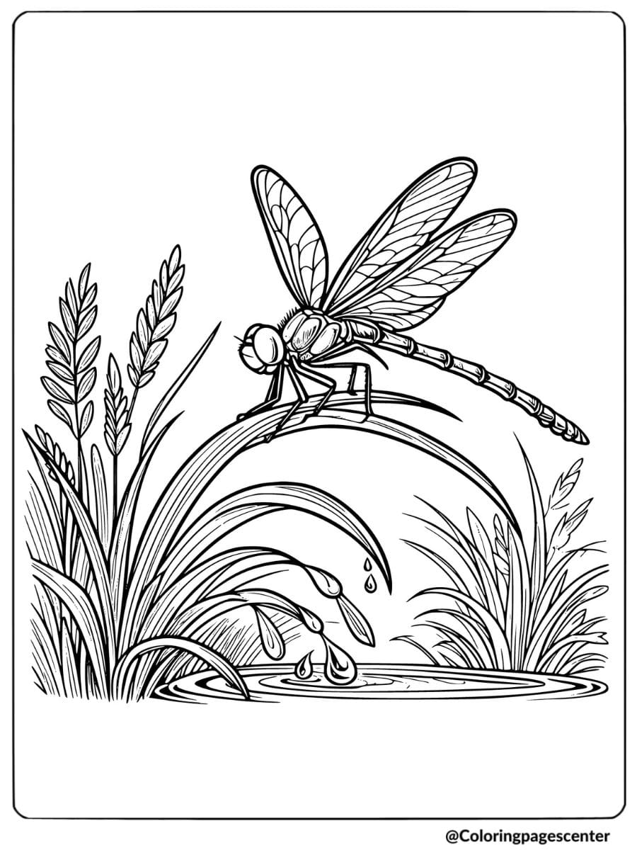 Coloring page of a dragonfly resting on grass by a pond