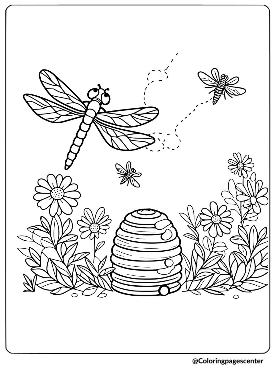 Coloring page showing a dragonfly and bees around flowers