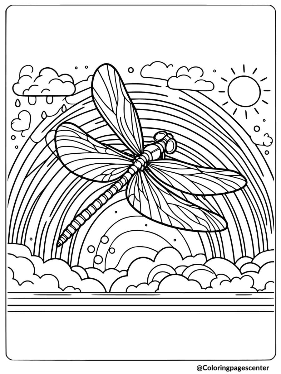 Coloring page of a dragonfly flying over a rainbow