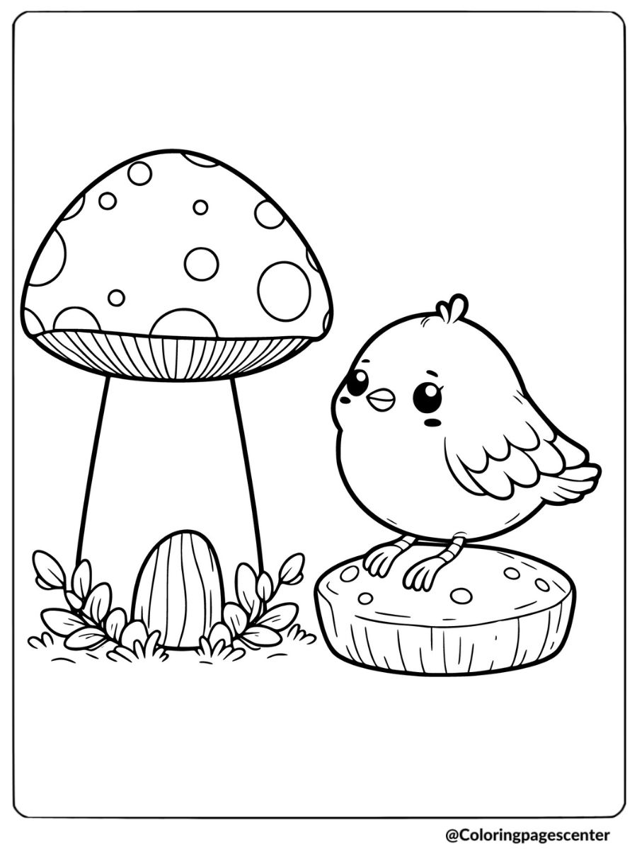 Easy bird with mushroom coloring page for kids