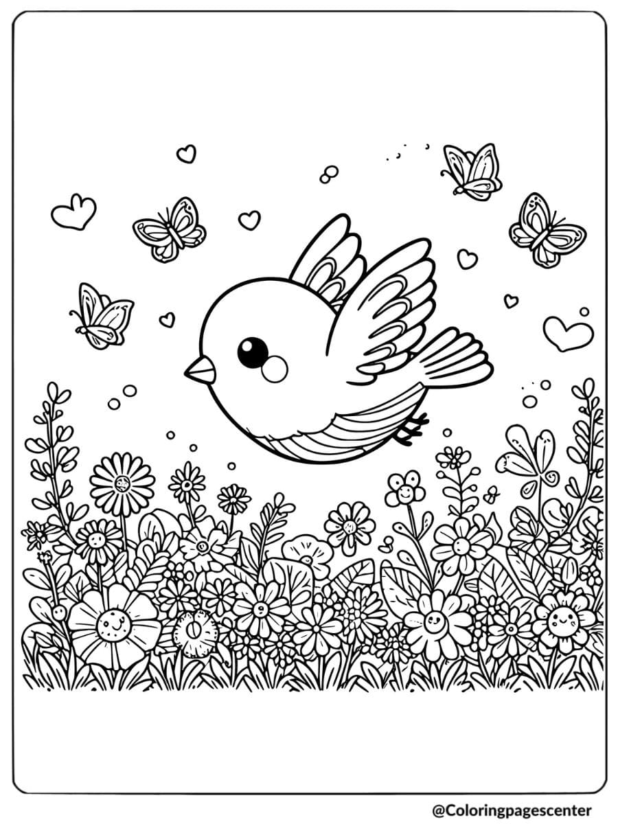 Easy bird flying over flowers coloring page for kids