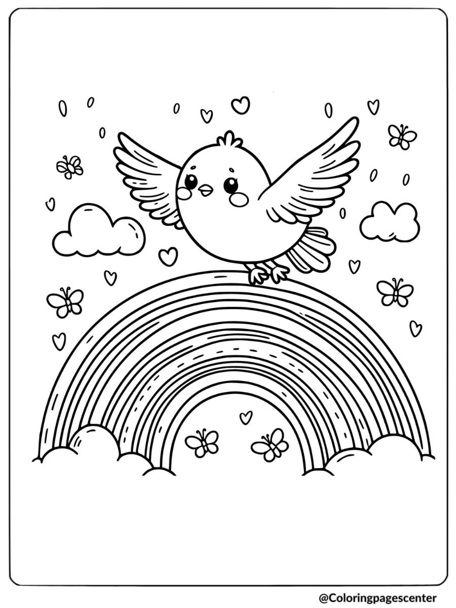 Easy bird over rainbow with clouds coloring page for kids