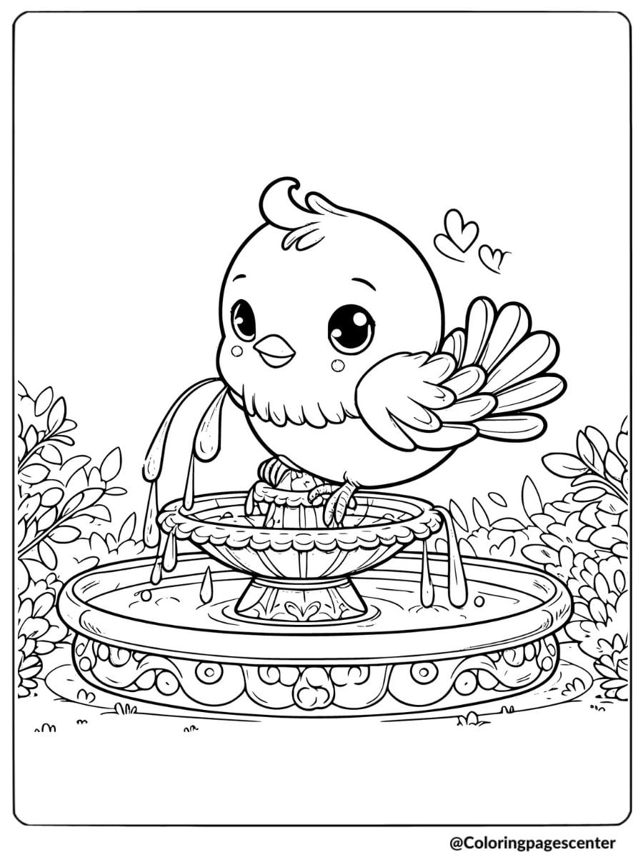 Easy bird in a fountain coloring page for kids