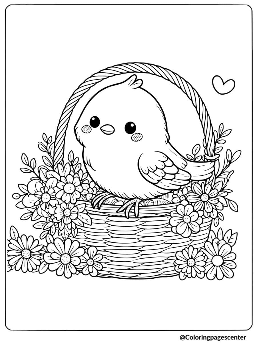 Easy bird in a flower basket coloring page for kids