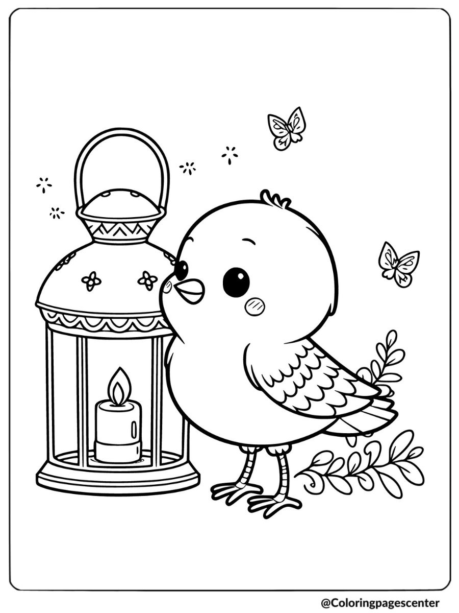 Easy bird holding lantern with butterflies coloring page