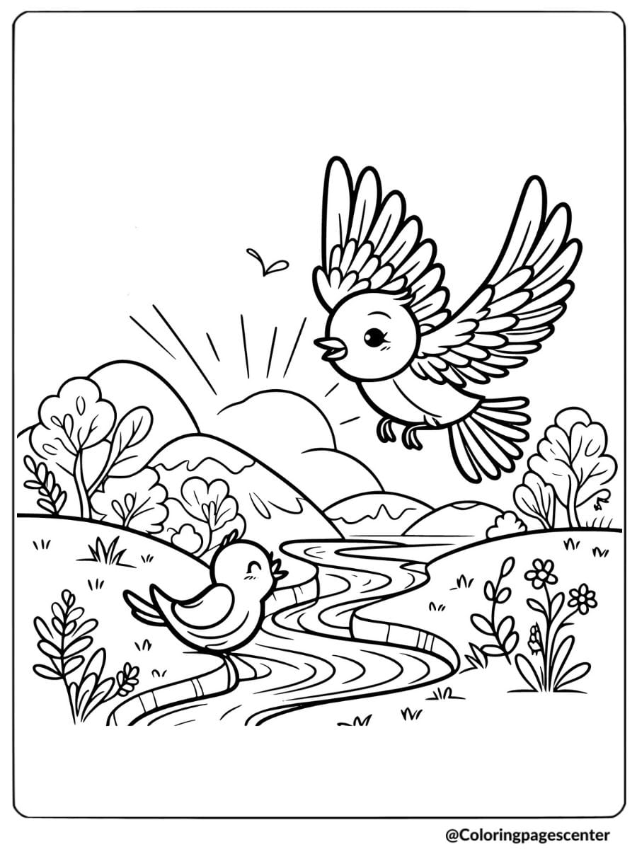 Easy birds near river with sunrise coloring page