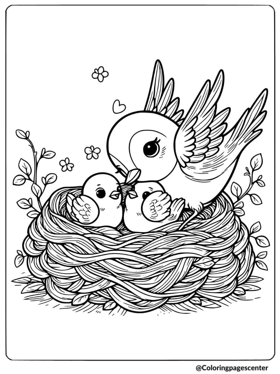 Easy mother bird feeding chicks coloring page for kids