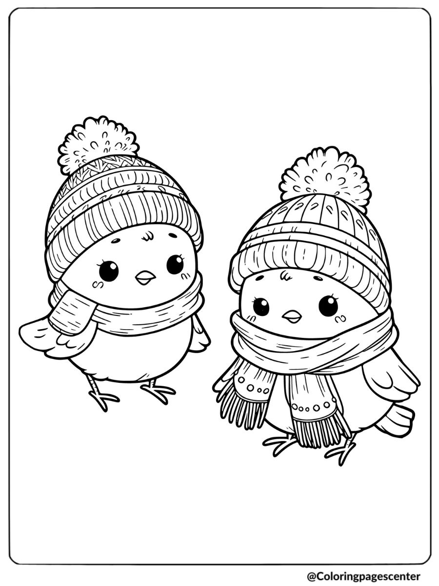 Easy two birds in hats coloring page for kids