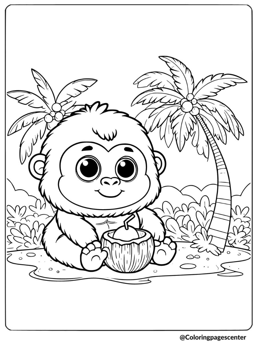 Easy gorilla holding coconut drink coloring page