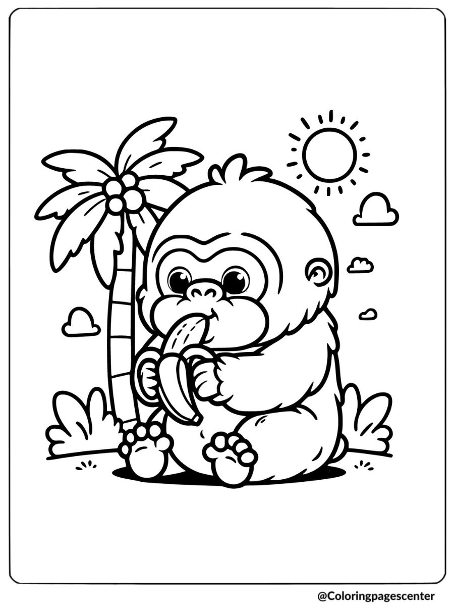 Coloring page of easy gorilla enjoying banana outdoors