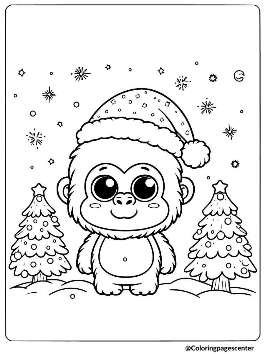 Coloring page of easy gorilla with holiday theme