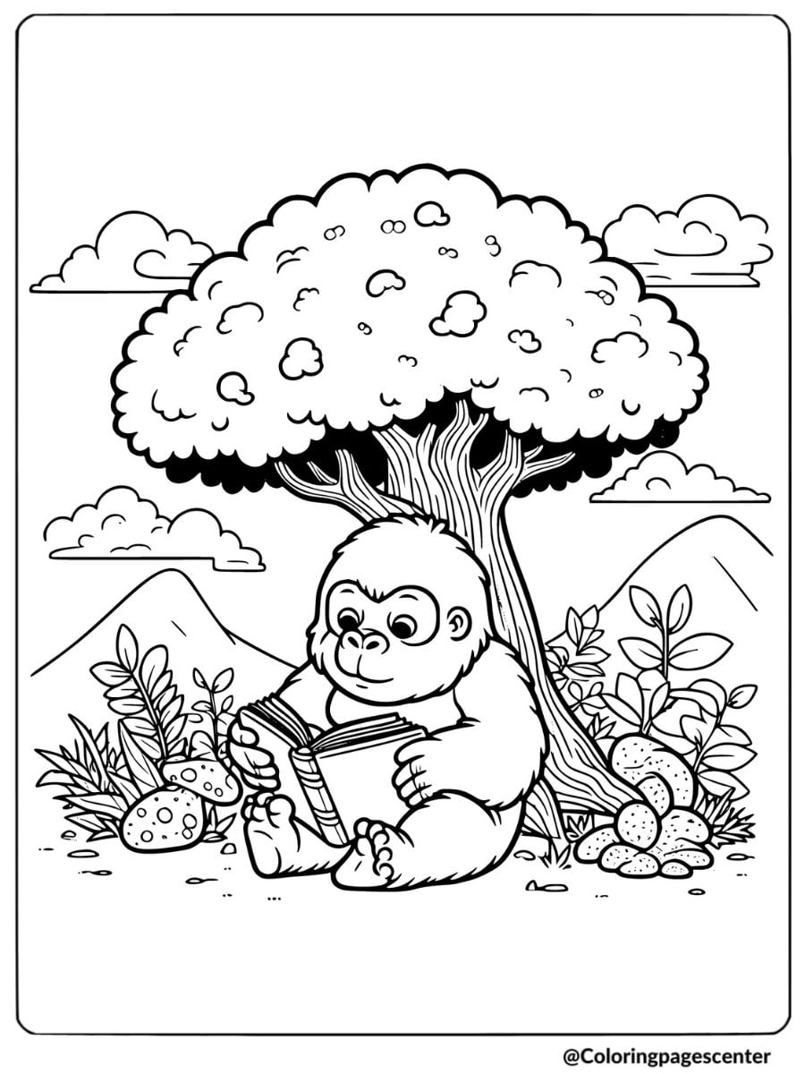 Easy gorilla relaxing with book coloring page