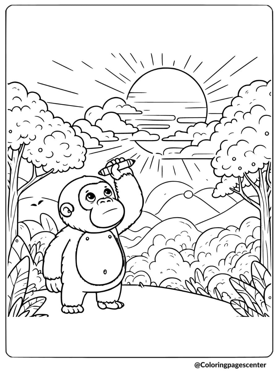 Easy gorilla looking at sunset coloring page