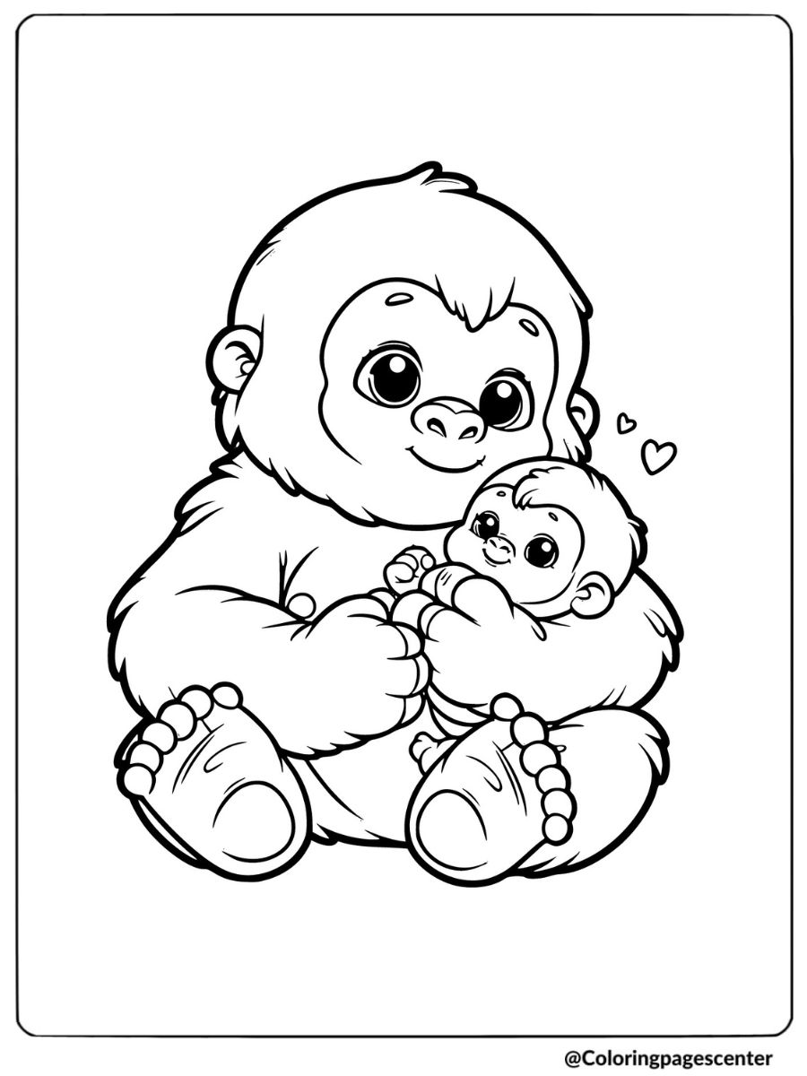 Coloring page of easy gorilla with baby gorilla