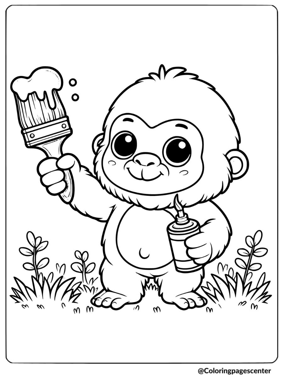 Coloring page of easy gorilla holding paintbrush