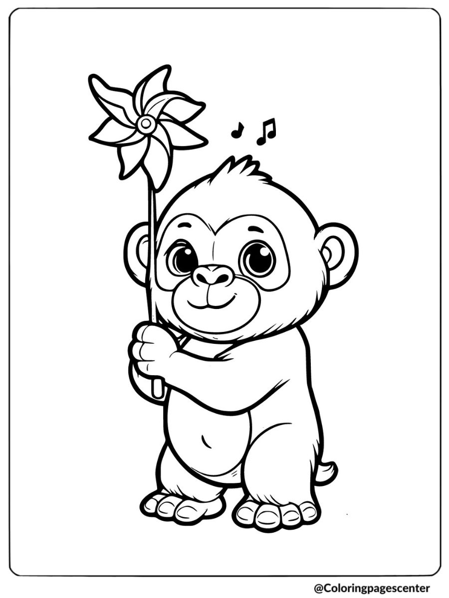 Easy gorilla holding pinwheel coloring page