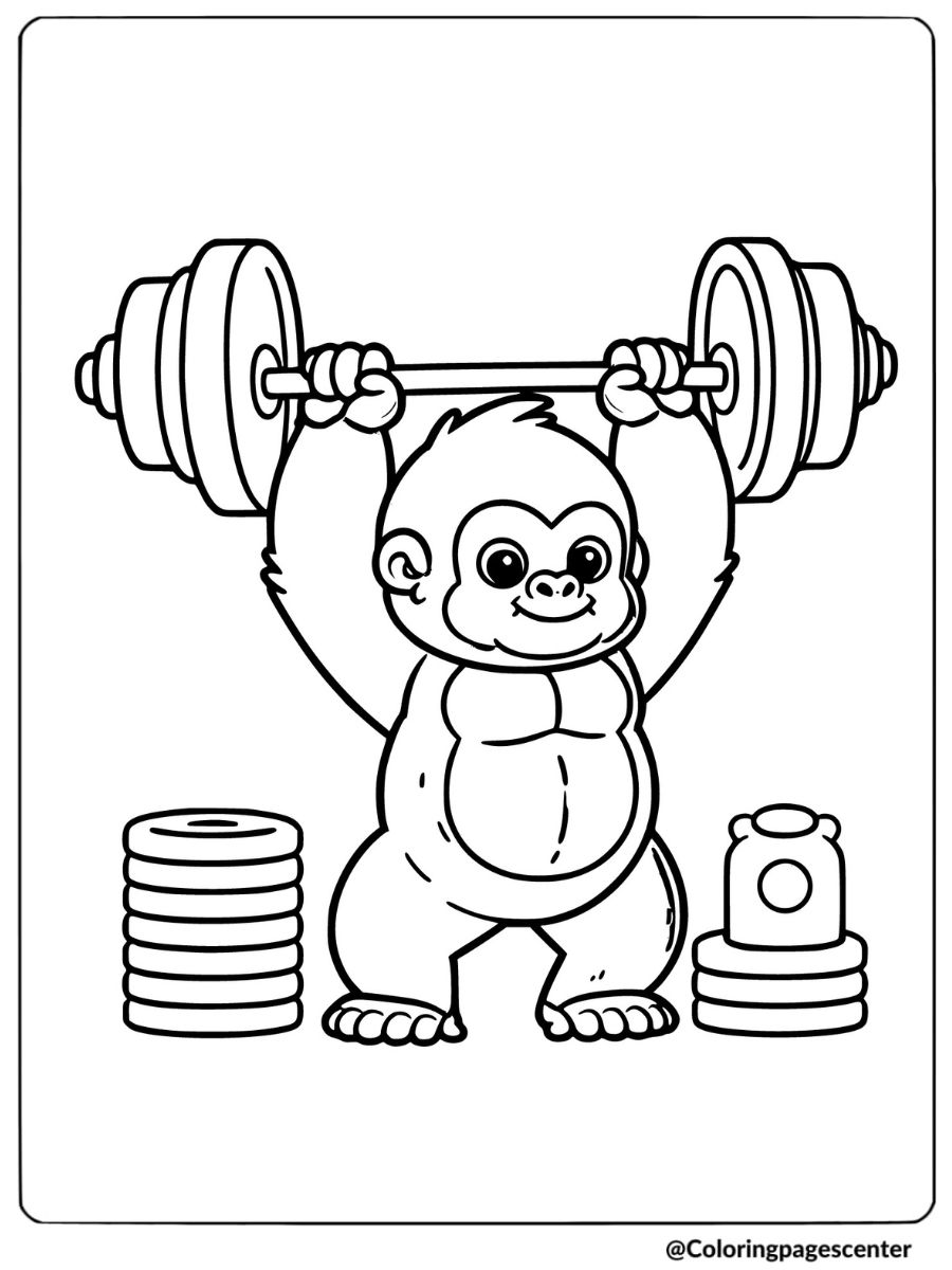 Coloring page of easy gorilla lifting weights