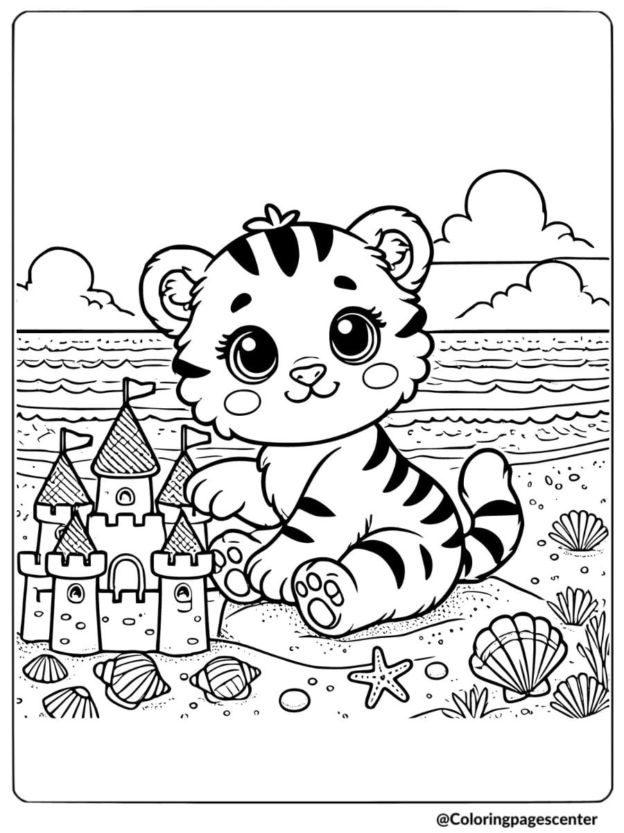 Tiger at beach building sandcastle coloring page